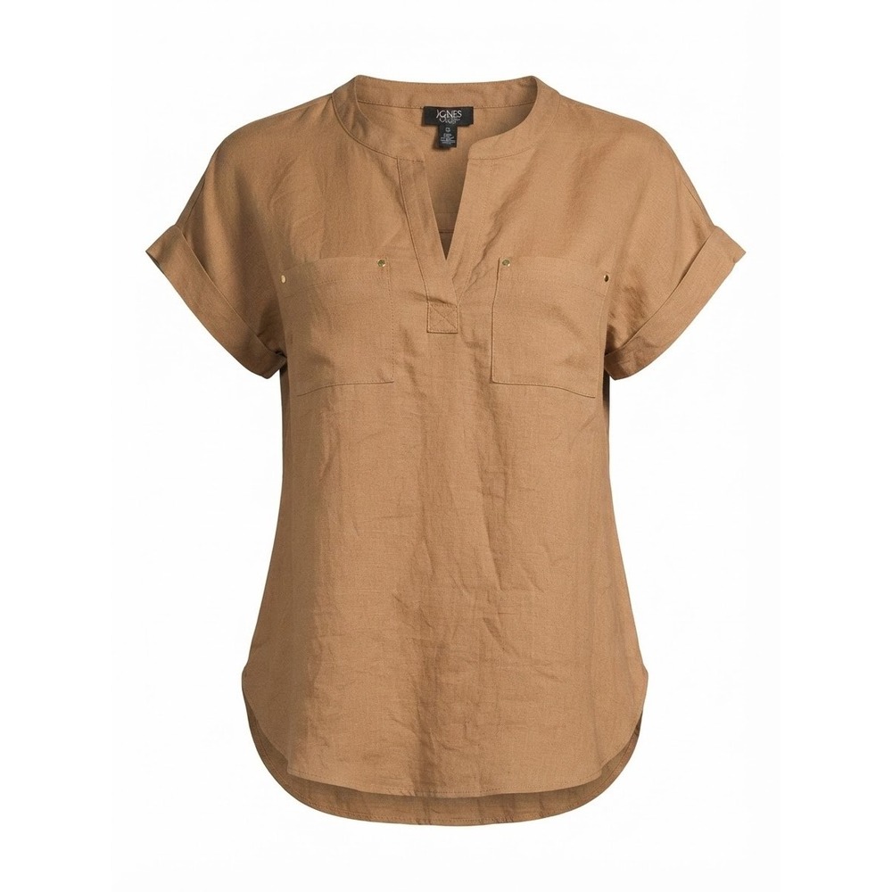 Jones New York Blouse Womens XS Brown Linen Blend Short Sleeve Pocket Top Exc